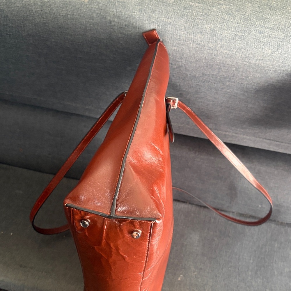 Elegant Brown glossy Leather zipper shoulder Tote Bag 11x 15x 3.5 - Picture 4 of 16